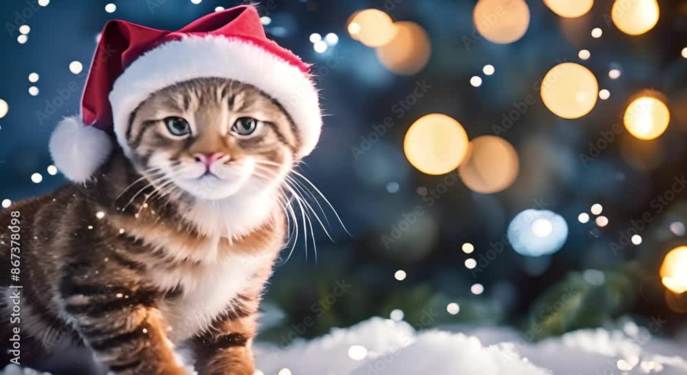 Cute cat in Santa Claus hat on winter snow background. Christmas and New Year Cute cat in Santa Claus hat on winter snow background. Christmas and New Year
