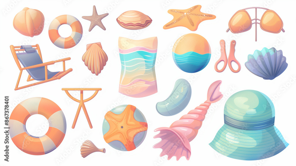 Set of Summer accessories elements for holiday vacation isolated on background, Beach items for swimming and relax, beach ball, seashell, hat and other. Set of Summer accessories elements for holiday vacation isolated on background, Beach items for swimming and relax, beach ball, seashell, hat and other.