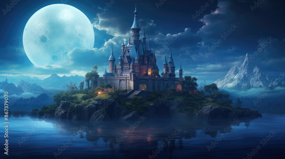Fototapeta premium Enchanting magical fantasy fairytale castle on the island against the backdrop of a huge moon, generative ai