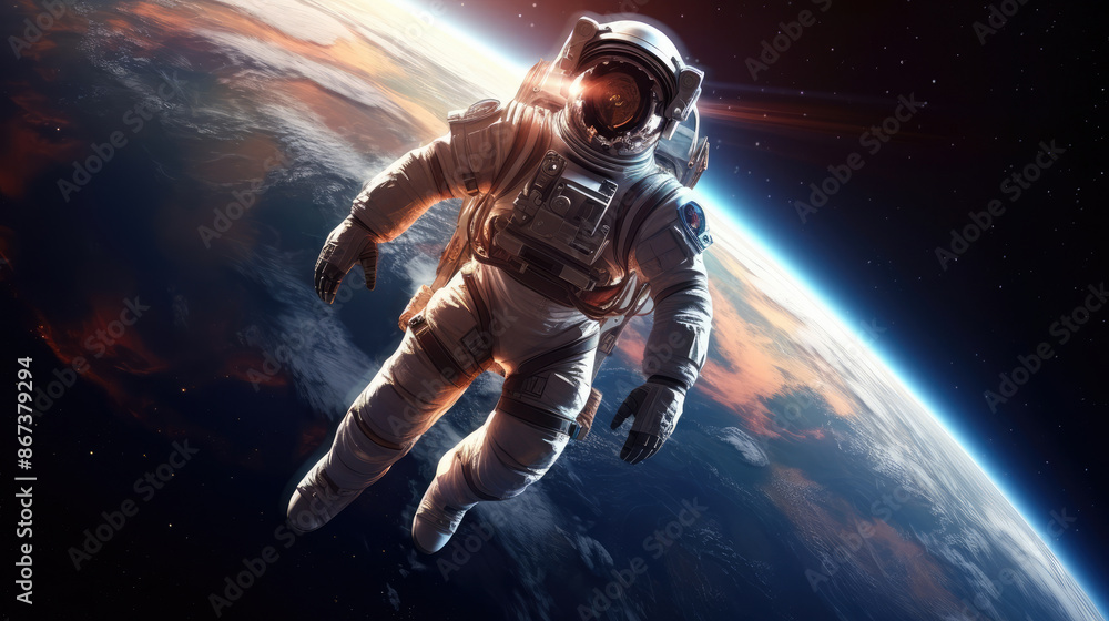 Astronaut in outer space. Astronaut at the Earth orbit. Realistic science fiction art. Space fantasy image with astronaut. digital art, generative ai Astronaut in outer space. Astronaut at the Earth orbit. Realistic science fiction art. Space fantasy image with astronaut. digital art, generative ai