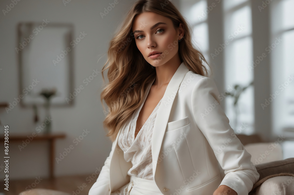 Elegant Woman in White Suit and Lace Blouse with Long Wavy Hair in Modern Indoor Setting Elegant Woman in White Suit and Lace Blouse with Long Wavy Hair in Modern Indoor Setting