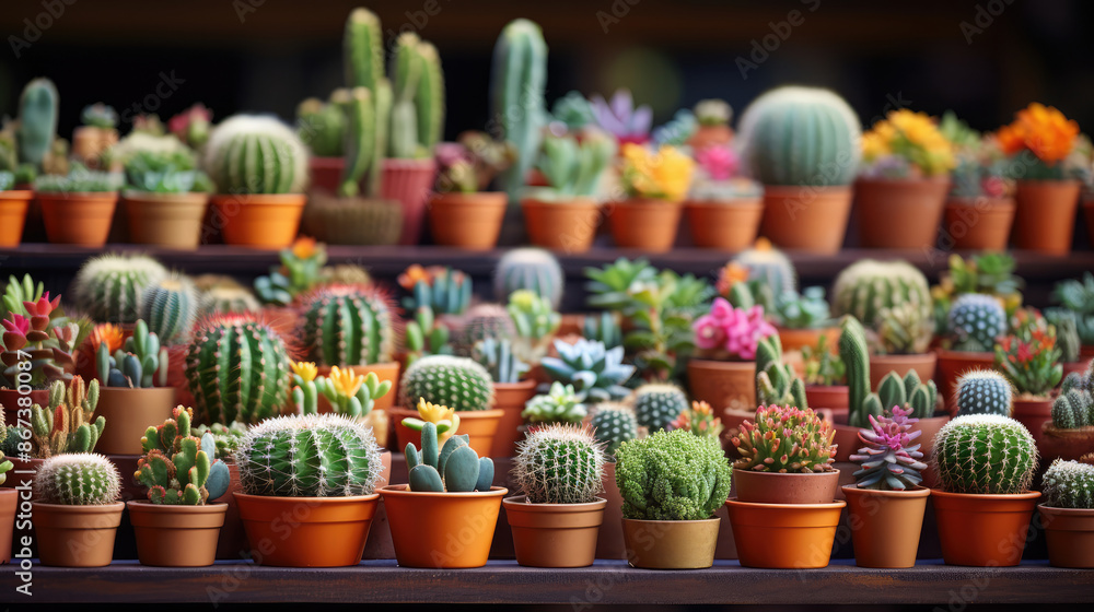 Fototapeta premium Gardening shop, Collection of various cactus plants in different pots. variety of small different cactus in pots on market stall., generative ai