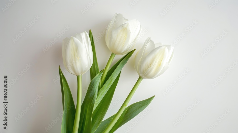 Fototapeta premium White tulip flower in vase from above on white background