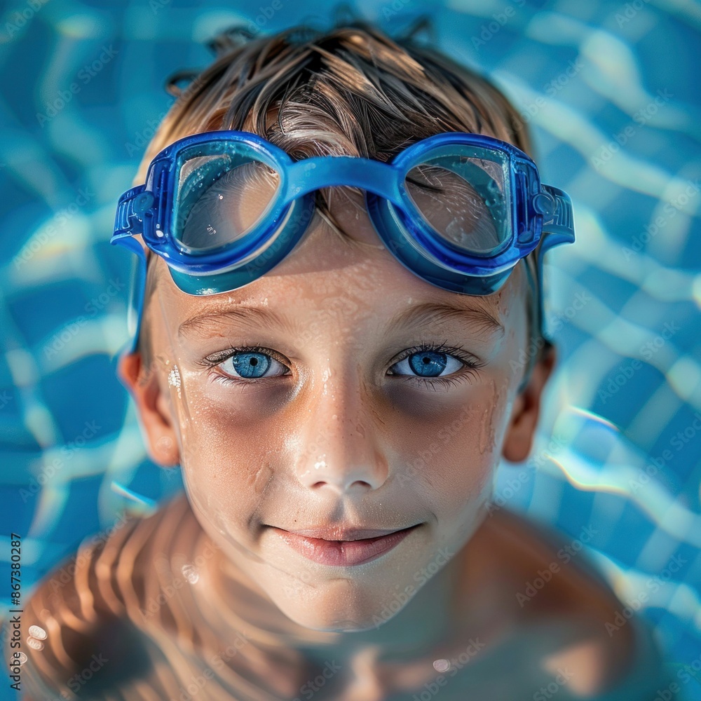Naklejka premium Smiling Boy Wearing Goggles in a Swimming Pool. Generative ai