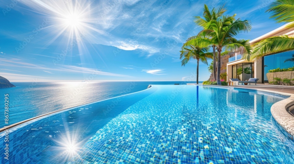 Infinity Pool Overlooking Ocean with Palm Trees and Sun. Generative ai Infinity Pool Overlooking Ocean with Palm Trees and Sun. Generative ai