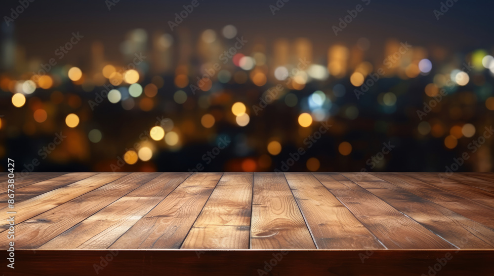 Empty wood table top of coffee house or restaurant and a blurred old european city at night with bokeh on background. Banner mock up background for display or montage your products., generative ai Empty wood table top of coffee house or restaurant and a blurred old european city at night with bokeh on background. Banner mock up background for display or montage your products., generative ai