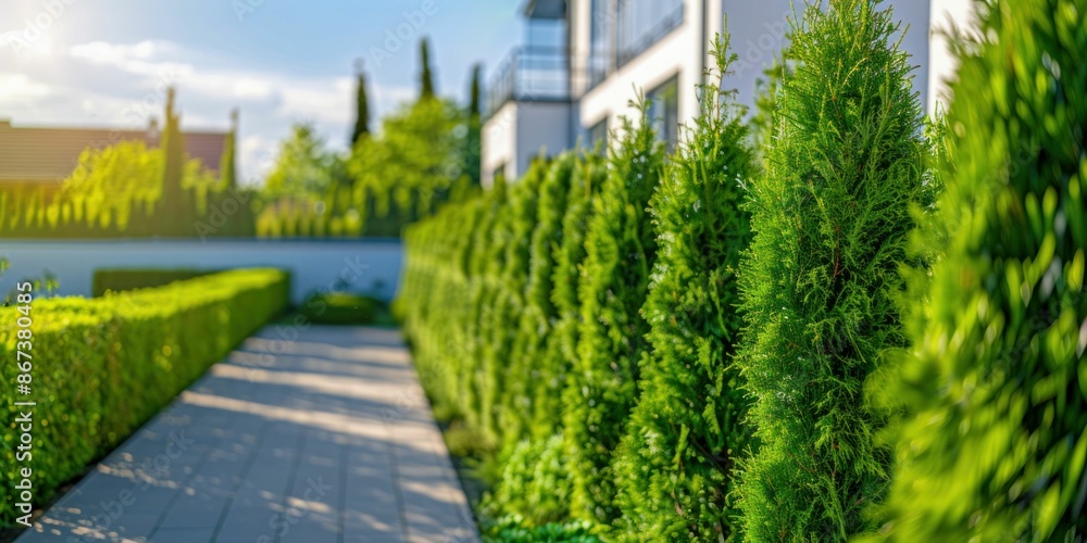 Obraz premium Green Garden Path with Lush Hedges. Generative ai