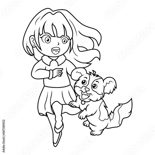 Little girl walking with her dog line art
