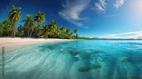 Fototapeta Naklejka Na Ścianę i Meble -  Panorama banner of idyllic tropical beach with palm tree. Views of the ocean from a beach. digital art, generative ai