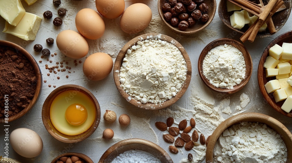 Baking Ingredients Flat Lay: Capture a flat lay of baking ingredients, such as flour, eggs, and butter, artistically spread across a light, textured surface. Baking Ingredients Flat Lay: Capture a flat lay of baking ingredients, such as flour, eggs, and butter, artistically spread across a light, textured surface.