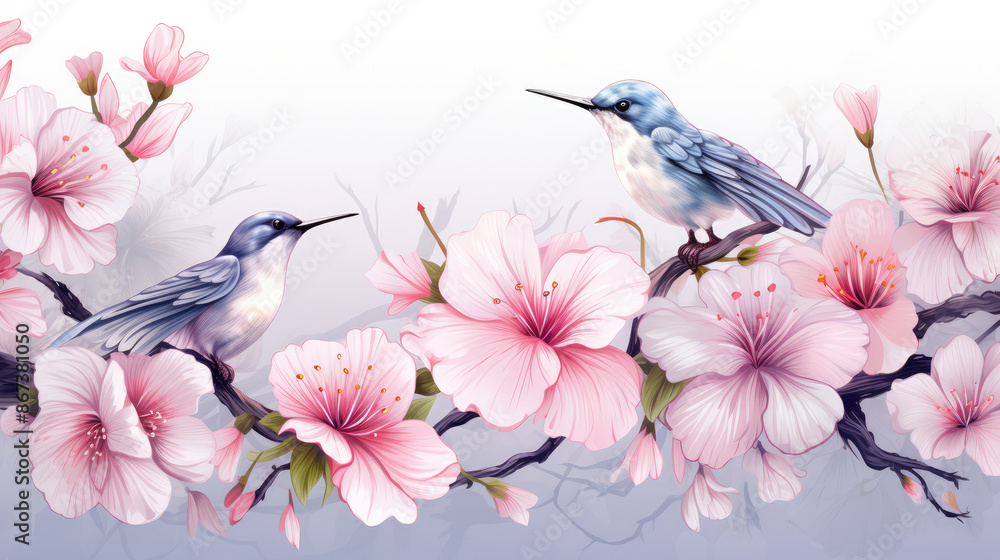 Fototapeta premium Beautiful tropical bird on exotic flowers in vintage style, hummingbirds on white background. Elegant tattoo design. Digital illustration for t shirt, prints, posters, generative ai