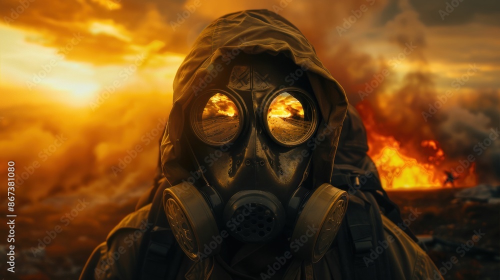 Person Wearing Gas Mask in Apocalyptic Environment. Generative ai Person Wearing Gas Mask in Apocalyptic Environment. Generative ai