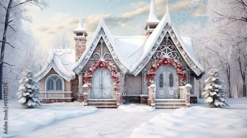 Christmas house exterior christmas decorations in the snow in vintage style. Winter Village Landscape. Christmas Holidays. Christmas Card., generative ai