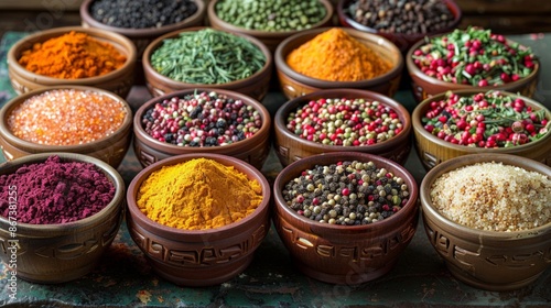Spice Market: an assortment of colorful spices in bowls and scattered across a textured surface, evoking the vibrancy of a spice market.