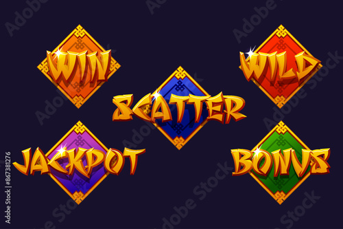 Set of Slot Word - Win, Scatter, Wild, Bonus, and Jackpot on colored frame. Chinese Style Icons for 2D Games and Casino or Slots.