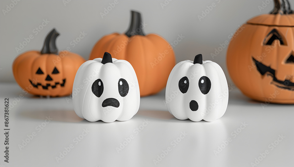 Obraz premium Halloweenhintergrund mit Geisterkürbissen, made by AI