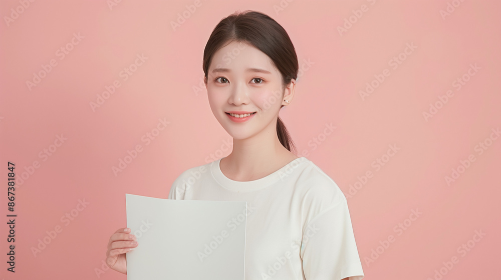 portrait of a woman holding a paper, detailed shot of a woman holding up a blank white card portrait of a woman holding a paper, detailed shot of a woman holding up a blank white card