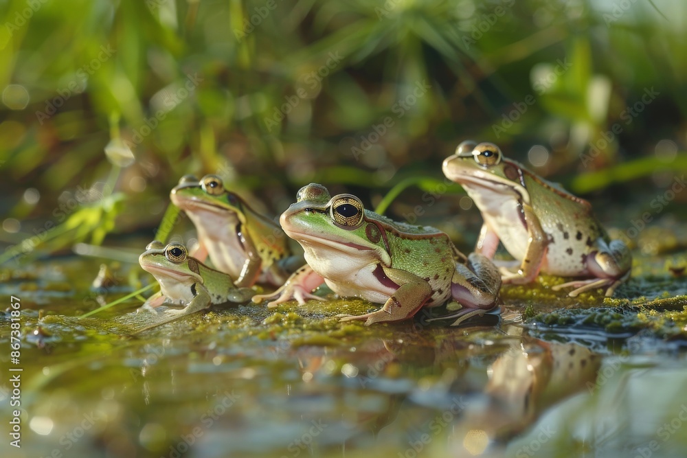 Four Frogs Sitting on a Mossy Rock by the Water. Four Frogs Sitting on a Mossy Rock by the Water.