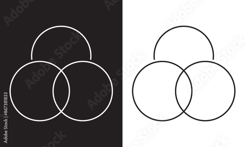 Simple overlapping circles vector drawing, version with three to seven objects, also interlocked rounds style.. Isolated on white and black background. Vector illustration. EPS 10