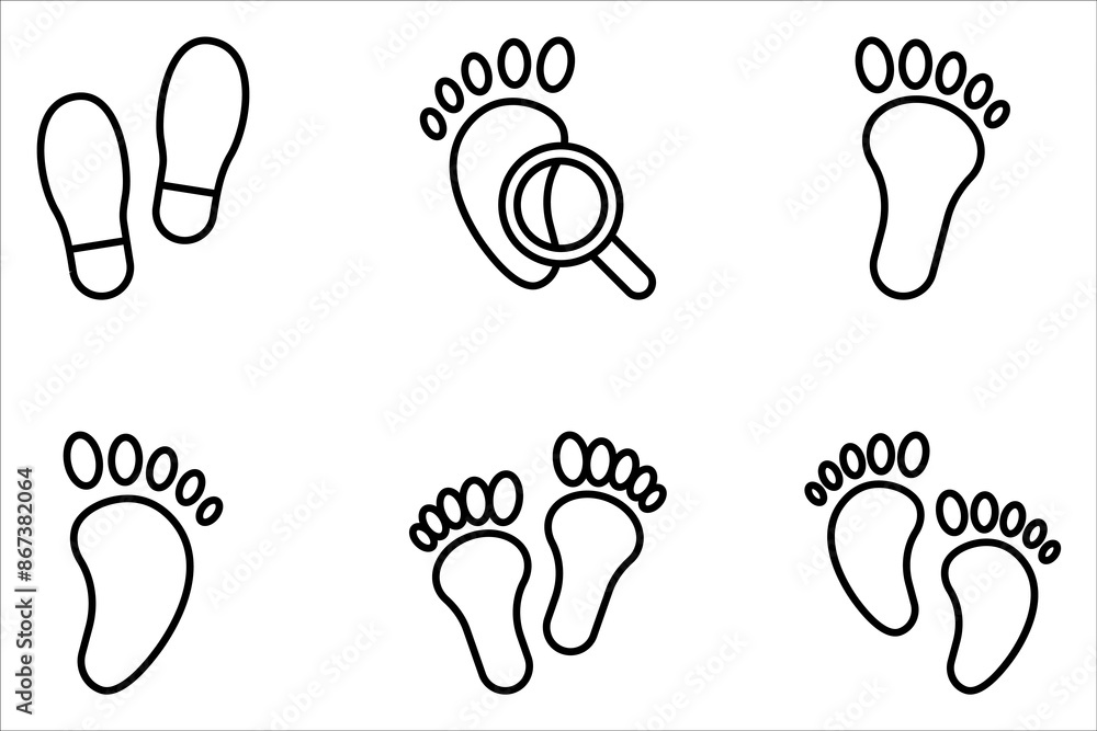 Obraz premium Foot print vector illustration set with shoes bare feet and boot print on white background