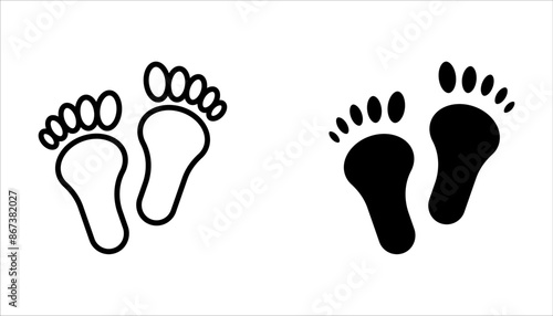 Foot print vector illustration set with shoes bare feet and boot print on white background