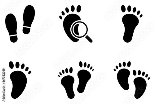 Foot print vector illustration set with shoes bare feet and boot print on white background