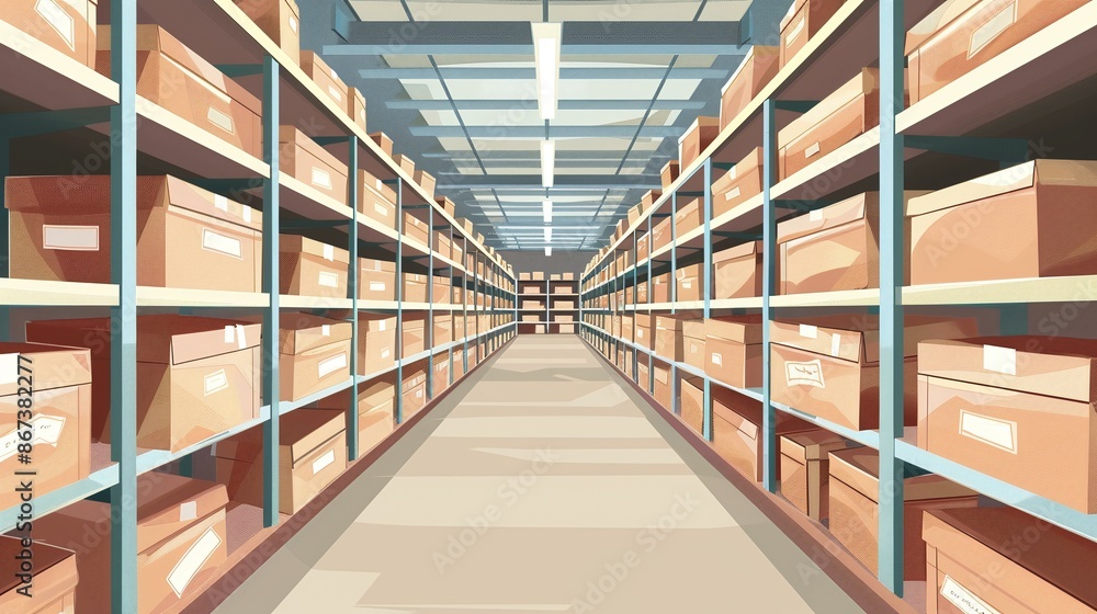A large warehouse with numerous items. Rows of shelves with boxes. Logistics. Inventory control, order fulfillment or space optimization. Illustration for advertising, marketing or presentation A large warehouse with numerous items. Rows of shelves with boxes. Logistics. Inventory control, order fulfillment or space optimization. Illustration for advertising, marketing or presentation