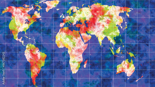 World map with global temperature changes. Global warming concept. Map of temperature and weather in different regions of the earth. Tropical cyclones, strong hurricanes, intense precipitation. Vector