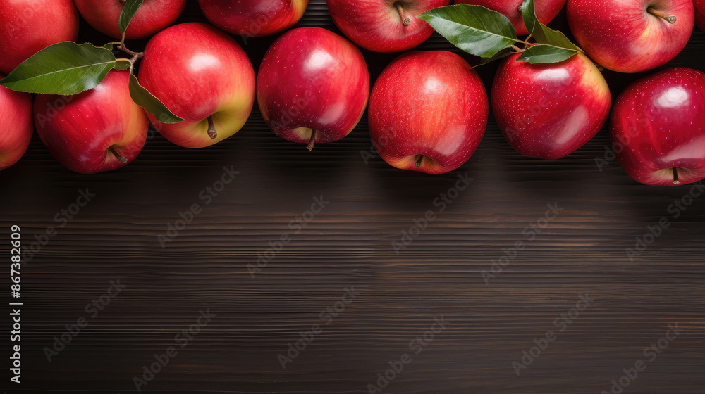 Fresh red apples with leaves on wooden table. On wooden background. Free space for text . Top view,, generative ai Fresh red apples with leaves on wooden table. On wooden background. Free space for text . Top view,, generative ai