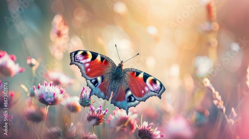 Colorful Peacock butterfly Aglais io sits on meadow flowers. Creative banner. Copyspace image photo