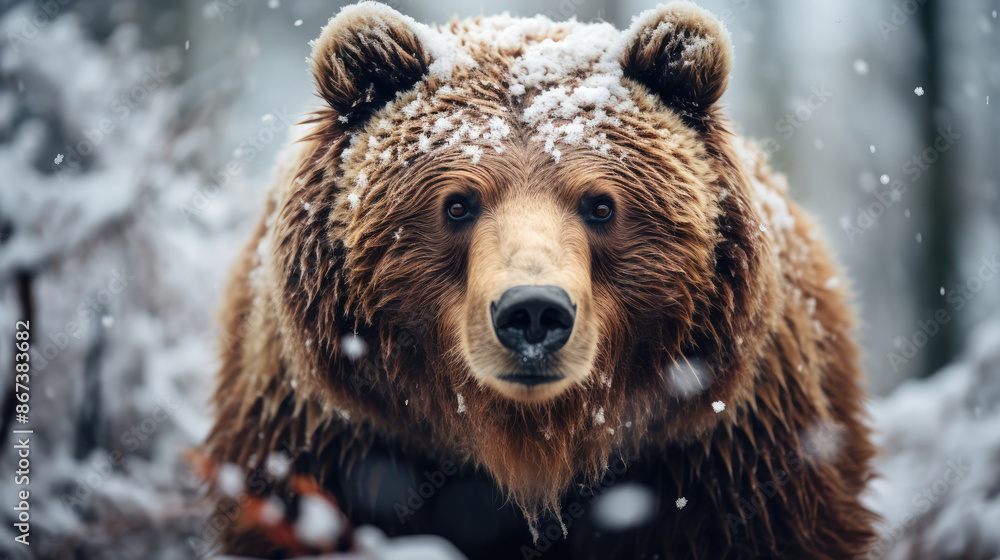 Fototapeta premium Beautiful brown bear while a heavy snowfall, close up,, generative ai