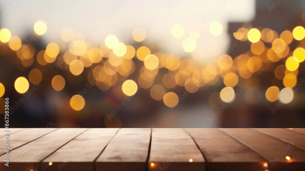 Top of wooden table on blur background with lights of bar, cafe, coffee shop or restaurant. Using for mock up template for display of your design,, generative ai Top of wooden table on blur background with lights of bar, cafe, coffee shop or restaurant. Using for mock up template for display of your design,, generative ai