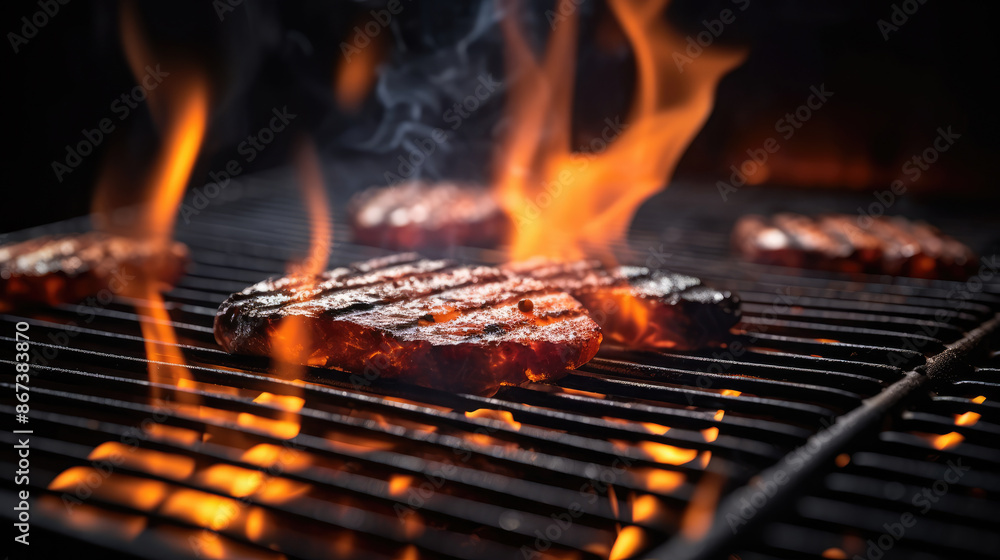 Barbecue Grill With Fire Flames, Empty Fire Grid On Black Background. Grill Background. Empty Fired Barbecue On Black,, generative ai Barbecue Grill With Fire Flames, Empty Fire Grid On Black Background. Grill Background. Empty Fired Barbecue On Black,, generative ai