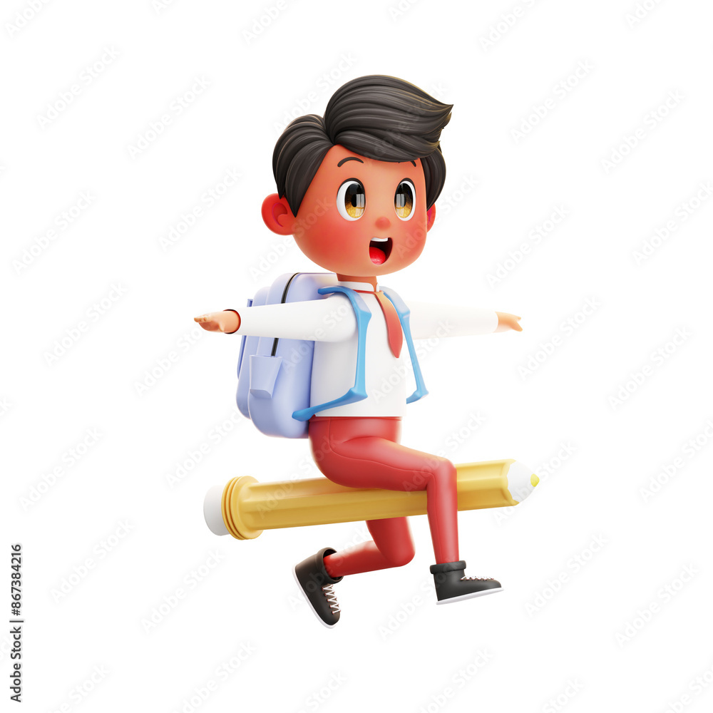 3D illustration Boy Student ride a Pencil 3D illustration Boy Student ride a Pencil
