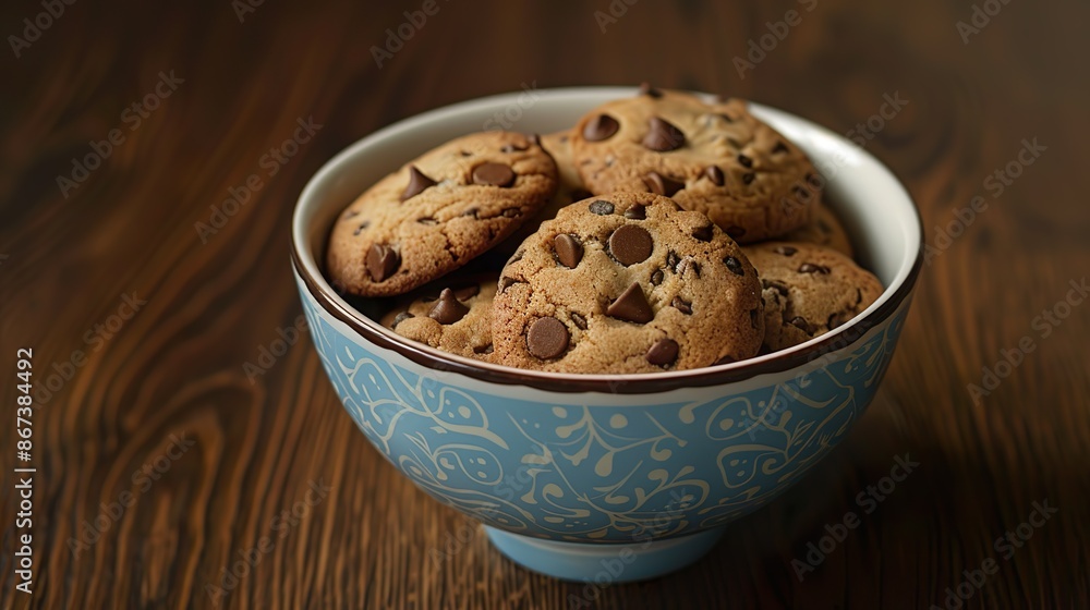 Delicious Chocolate Chip Cookies in Blue Decorative Bowl Delicious Chocolate Chip Cookies in Blue Decorative Bowl