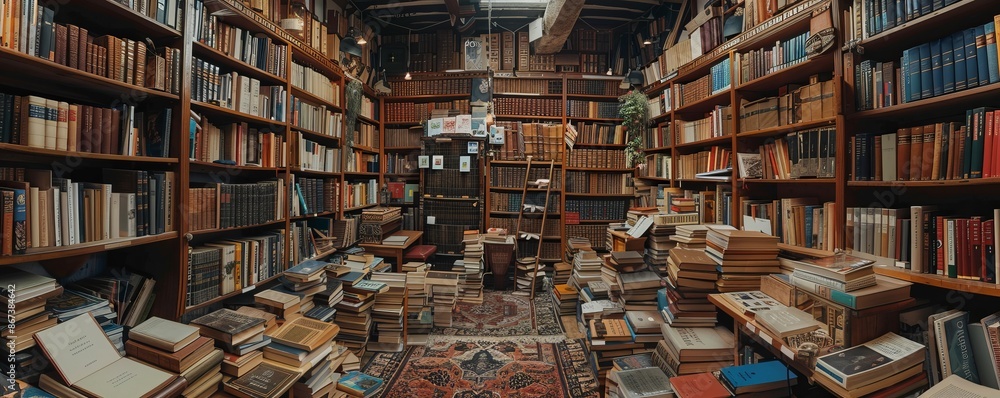 A cozy bookstore with shelves stacked high with books, its aroma of old paper and leather filling the air. A cozy bookstore with shelves stacked high with books, its aroma of old paper and leather filling the air.