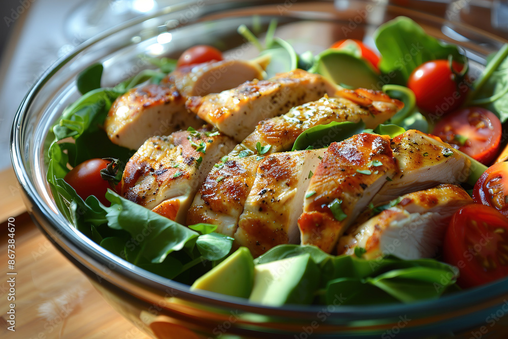 Grilled chicken salad with cherry tomatoes and avocado in a glass bowl Grilled chicken salad with cherry tomatoes and avocado in a glass bowl