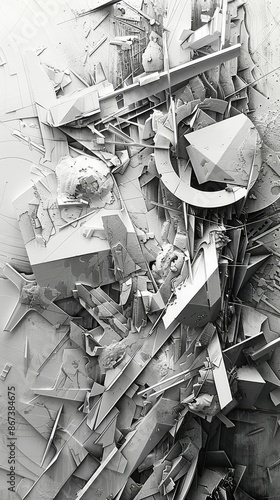 Black and white abstract image featuring various geometric shapes, creating a sense of depth and complexity. The interplay of light and shadow adds to the overall visual impact