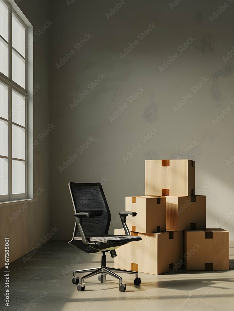 Stack of cardboard boxes with stuff and office chair in empty office room. Moving to new office, relocating, crisis, remote working, start new business, e-commerce concept Stack of cardboard boxes with stuff and office chair in empty office room. Moving to new office, relocating, crisis, remote working, start new business, e-commerce concept