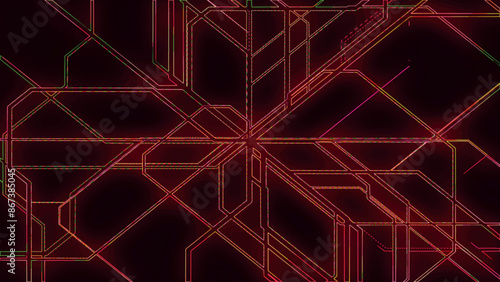 Abstract colored lines on a dark background. Growing public transport network. Colorful metro diagram, railway transport map on a dark background. Pipeline diagram. Vector illustration.