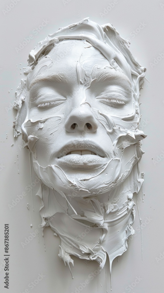 Minimalist-style portrayal of a three-dimensional female face with thick white paint and flexible paste, displayed against a simple white background. Great for modern wall decor or poster prints Minimalist-style portrayal of a three-dimensional female face with thick white paint and flexible paste, displayed against a simple white background. Great for modern wall decor or poster prints