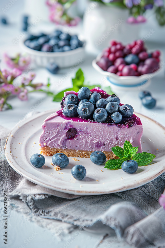Slice of blueberry cheesecake with fresh blueberries and mint on a white plate Slice of blueberry cheesecake with fresh blueberries and mint on a white plate