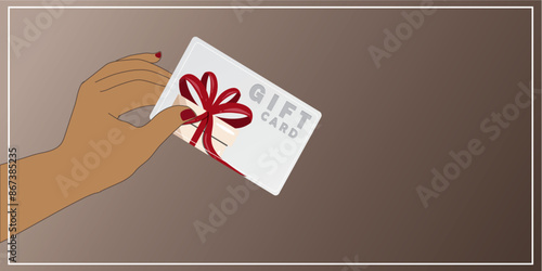 Hand Holding Gift Card with Red Ribbon Wrapped Gift Box Design. Hand holding gift card. Gift card banner