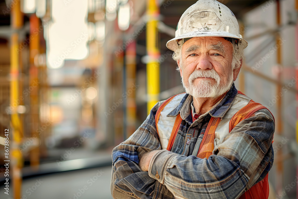 Senior construction worker with crossed arms on job site Senior construction worker with crossed arms on job site