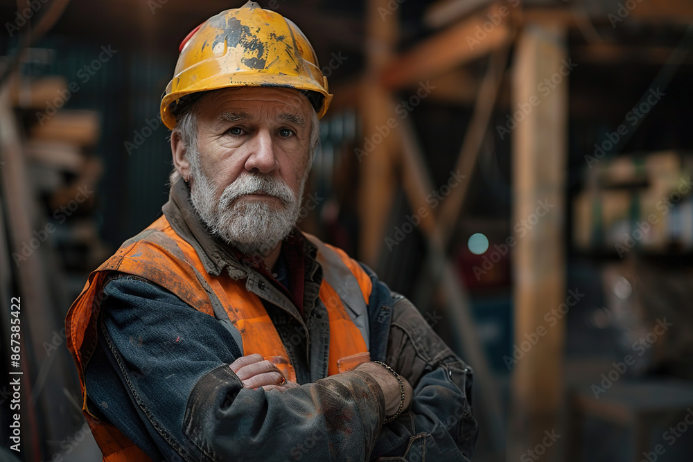 Senior construction worker with crossed arms on job site Senior construction worker with crossed arms on job site