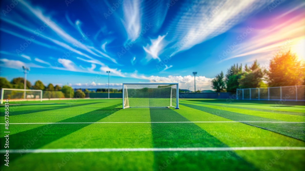 Fototapeta premium Blurred daytime image of empty green soccer field with white lines and goalposts set against a clear blue sky background.