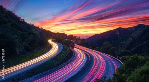 A winding highway through the mountains, with long exposure lights on cars creating streaks of light in vibrant colors against the backdrop of a colorful sunset sky.  © K'kriang Krai