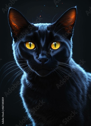 magical black cat sitting, 4k render, hyper-realistic, full body image. solid black background