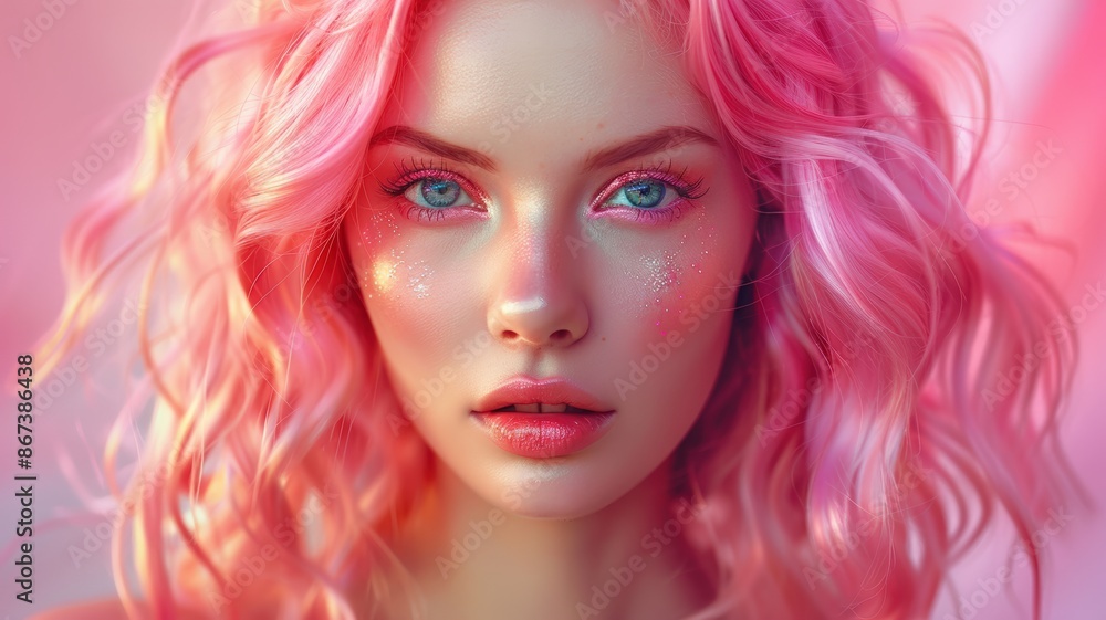 Fototapeta premium Close-Up Portrait of a Young Woman with Pink Hair and Glittery Makeup in Soft Pink Lighting