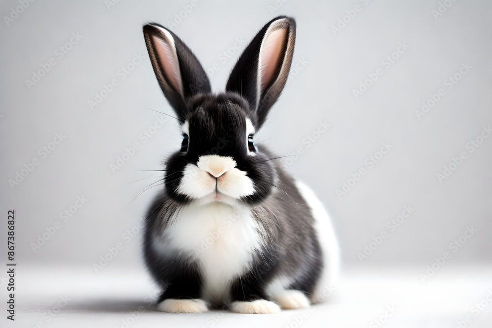 Obraz premium Cute black and white baby rabbit, sitting up facing front. Looking towards camera. Isolated on a white background.